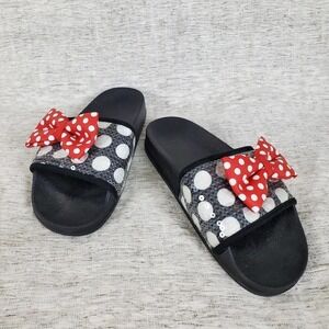 Disney Parks Minnie Mouse Dot Sequin Bow Slide Sandals Black Red White Size 7